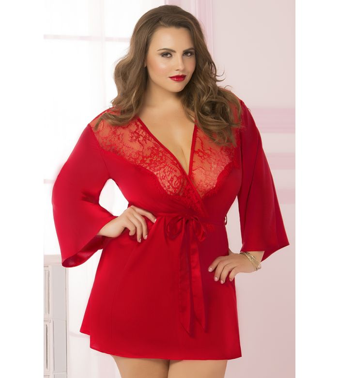 Seven Til Midnight Satin and Lace Robe with Sash and Lace Front Detail ...