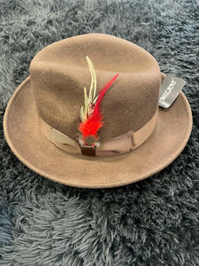 Brown Fedora Hat with Feather Size L