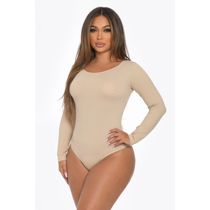 Khaki Solid Seamless Ribbed Round Neck Long Sleeve Bodysuit Available in Sizes L/XL