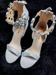 Silver Glamorous Ankle Strap Sandals for Party Rhinestone Decor w/ back Zipper Available in size 9