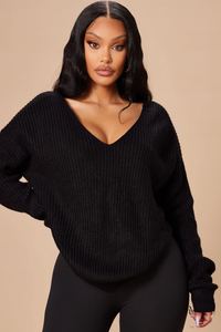 Black Twist Open Back Loose Fit V Neck Long Sleeve Cozy Sweater Available in Sizes M-L