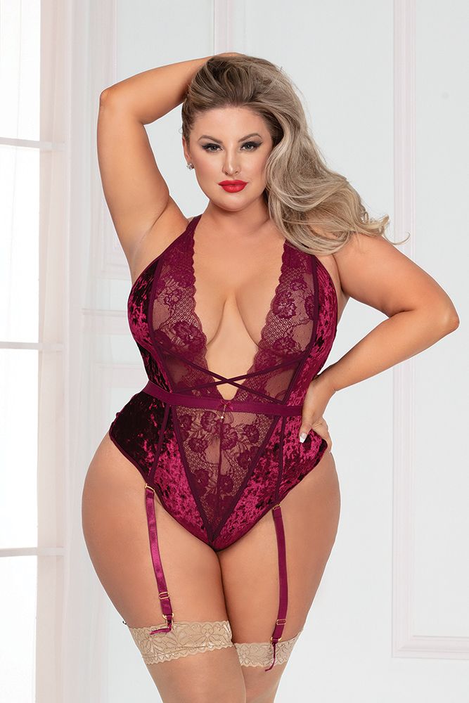 Seven Til Midnight Velvet & Lace Teddy, Strappy Thong and Removable Garters Available in Sizes 3X/4X