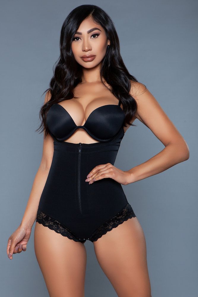 Black Be Wicked Hi Waisted Lace Trim Leg Control Body Shaper Available in Sizes S/M