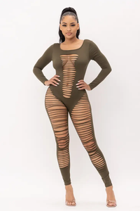 Front Laser Cut Open Back Long Sleeve Jumpsuit Available in Sizes M-L LOTS OF STRETCH