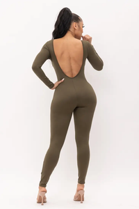 Front Laser Cut Open Back Long Sleeve Jumpsuit Available in Sizes M-XL LOTS OF STRETCH