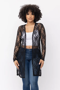 Solid Floral Lace Side Slits Long Sleeve Duster Available in Sizes S-XL