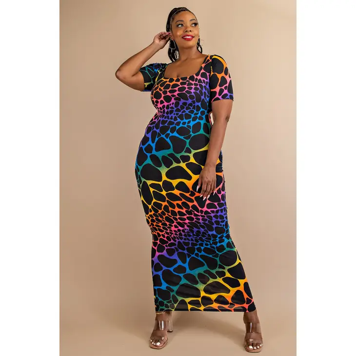 Plus Size Short Sleeve Scoop Neck Rainbow Maxi Dress Available in Size 3X