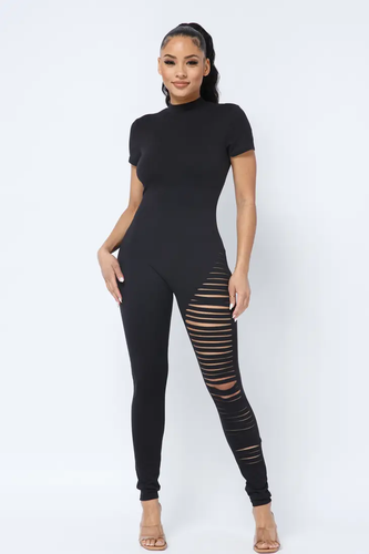 Laser Cut Detail Back Zipper Short Sleeve Jumpsuit Available in Size XL (Lots of Stretch)