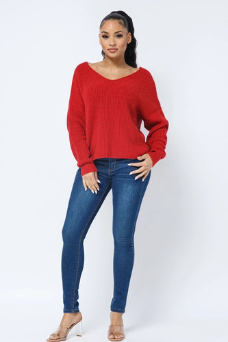 Rust Red Twist Open Back Loose Fit V Neck Long Sleeve Cozy Sweater Available in Sizes M-XL