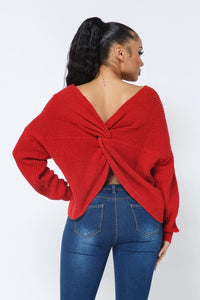 Rust Red Twist Open Back Loose Fit V Neck Long Sleeve Cozy Sweater Available in Sizes S-XL
