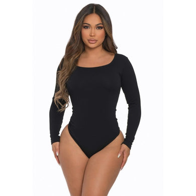 Black Solid Seamless Ribbed Round Neck Long Sleeve Bodysuit Available in Sizes S/M - L/XL