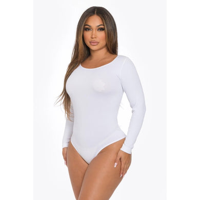 White Solid Seamless Ribbed Round Neck Long Sleeve Bodysuit Available in Sizes S/M - L/XL