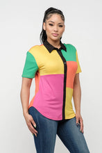 Color Block Button Down Short Sleeve Top Available in Sizes S-XL