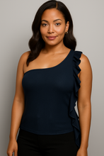 Black Ruffle One Arm Tank Available in Sizes 1X-3X