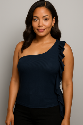 Black Ruffle One Arm Tank Available in Sizes 1X-3X