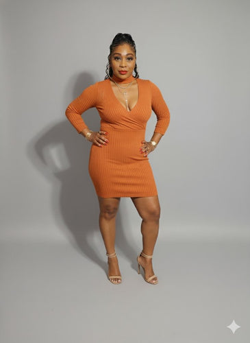 Rust Choker Neck Long Sleeve Sweater Midi Dress Available in Sizes S-XL
