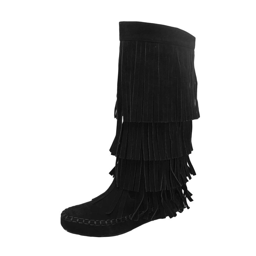 Black Suede Layered Fringe Cowboy Western Knee-High Boots Available in Sizes 6-10