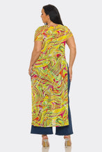 Yellow Mesh Print Short Sleeve Side Slits Top Available Sizes 1X-3X