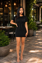 Black Ribbed Lace-Up Corset Mini Dress Available in Sizes S-L