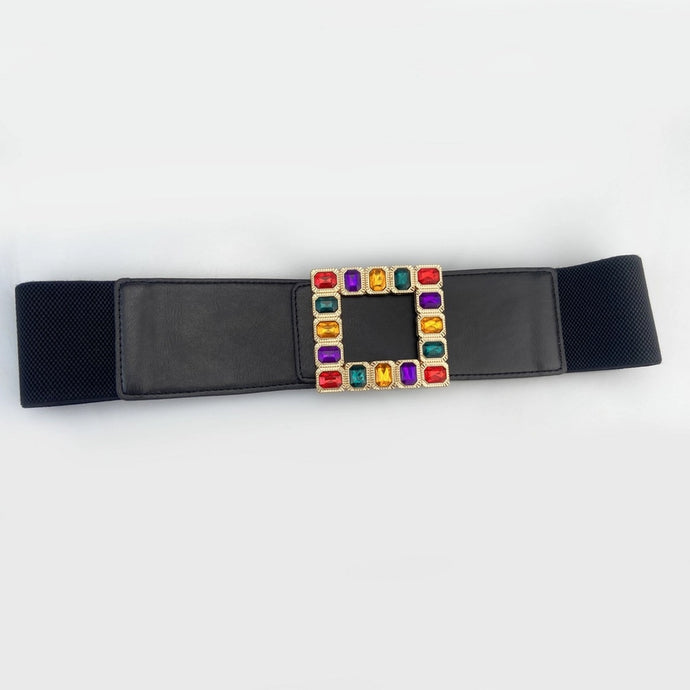 Black Colorful Rhinestone Elastic Wide Belt