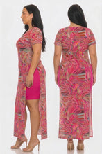 Fuchsia Mesh Print Short Sleeve Side Slits Top Available Sizes 1X-3X