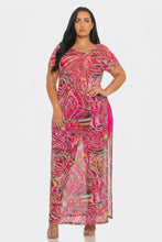 Fuchsia Mesh Print Short Sleeve Side Slits Top Available Sizes 1X-3X