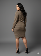 Black & Tan Stripe Long Sleeve Knit Midi Dress Available in Size M