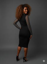 Sheer Sleeve Black Bodycon Midi Dress Available in Size M