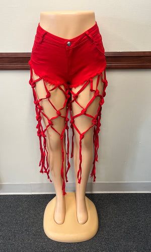 Red Denim Shorts w/ Knotted Tassels Available in Size XL (Lots of Stretch)