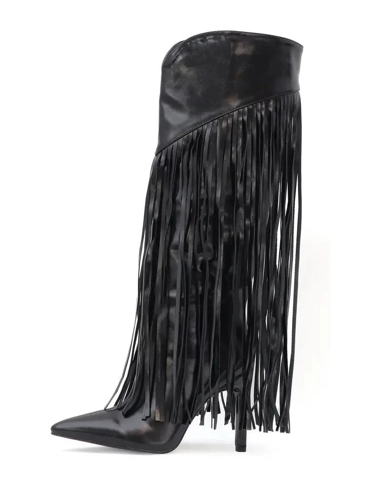 Women's All Over Fringes PU Leather Knee High Dress Boots Available in ...