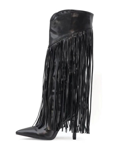 Black PU Leather All Over Fringes Knee High Dress Boots Available in sizes 6-9