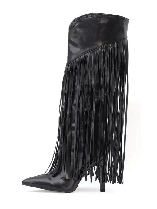 Women's All Over Fringes PU Leather Knee High Dress Boots Available in sizes 6-10