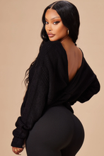 Black Twist Open Back Loose Fit V Neck Long Sleeve Cozy Sweater Available in Sizes S-XL