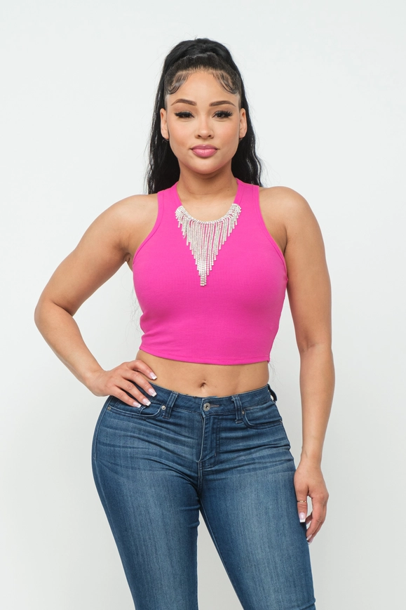 Fuchsia Rhinestones Fringe Trim Crop Tank Top Available in Sizes M-L