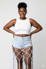 White Denim Shorts w/ Knotted Tassels Available in Size L (Lots of Stretch)