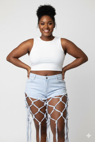 White Denim Shorts w/ Knotted Tassels Available in Size L (Lots of Stretch)