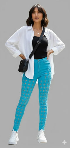 Turquoise Ripped Jeans Lots of Stretch Available in Sizes M-XL