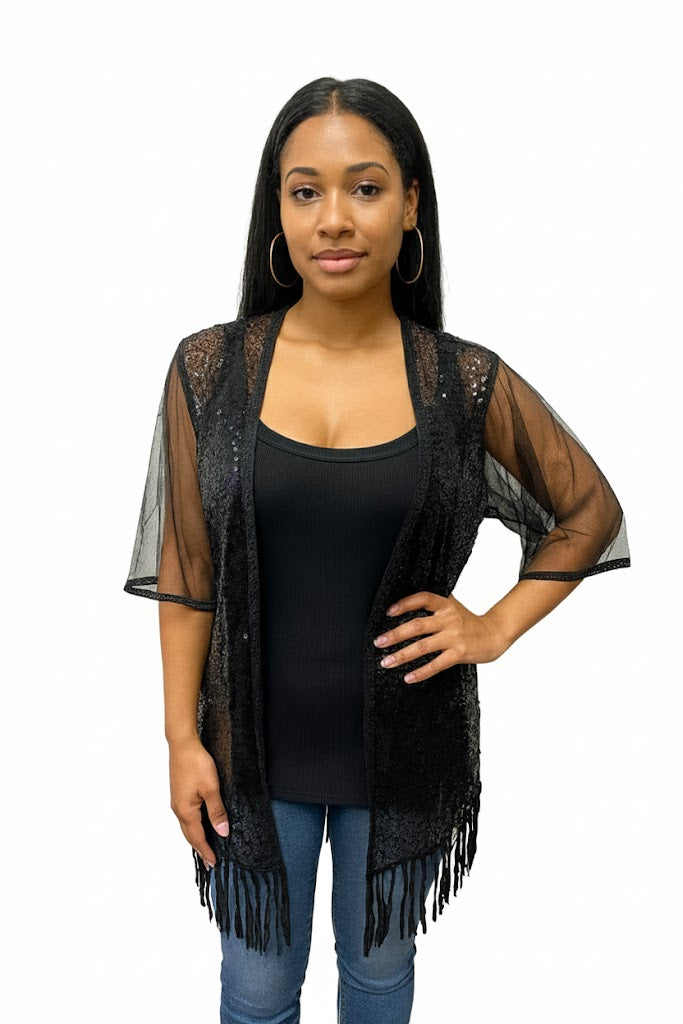 Black Sequined Sheer Cover-Up  Available in Sizes M-XL