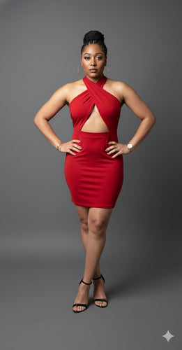 Red Hot Criss cross halter-neck mini dress Available in Size L