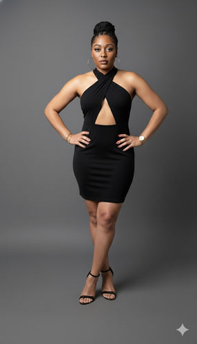Little Black Criss cross halter-neck mini dress Available in Sizes M-L