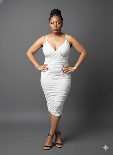 White Wrapped Ruched Double Layered Midi Dress Available in Sizes S-L (Lots of Stretch)