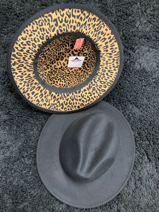 Black Fedora Hat with Leopard Bottom Adjustable Strings inside Hat