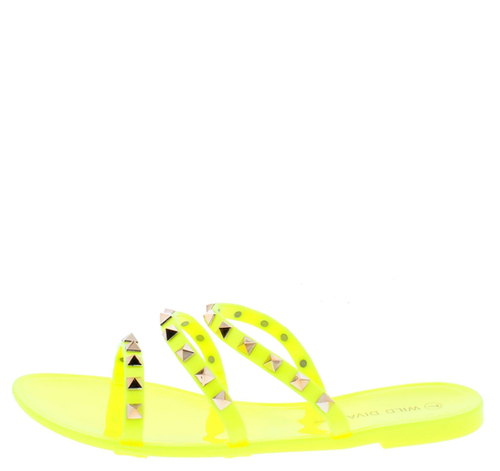 Neon Yellow Studded Tri Strap Open Toe Slide Sandal Available in Sizes 9-10