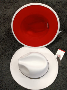 Snow White Fedora Hat with Red Bottom Adjustable Strings inside