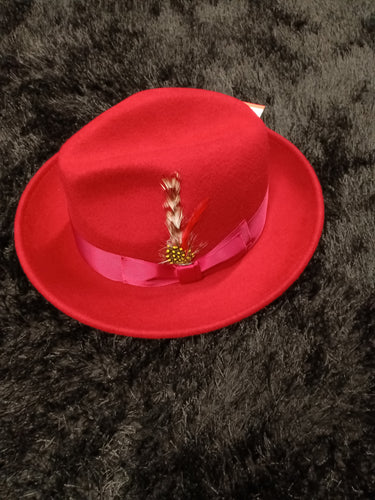 Burgundy Fedora Hat with Feather Size L