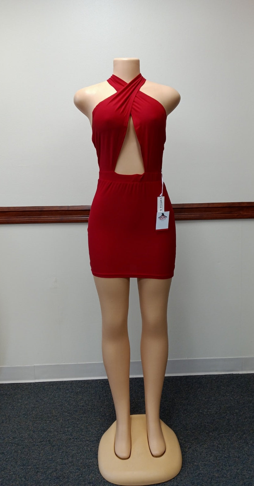 Red Hot Criss cross halter-neck mini dress Available in Size L