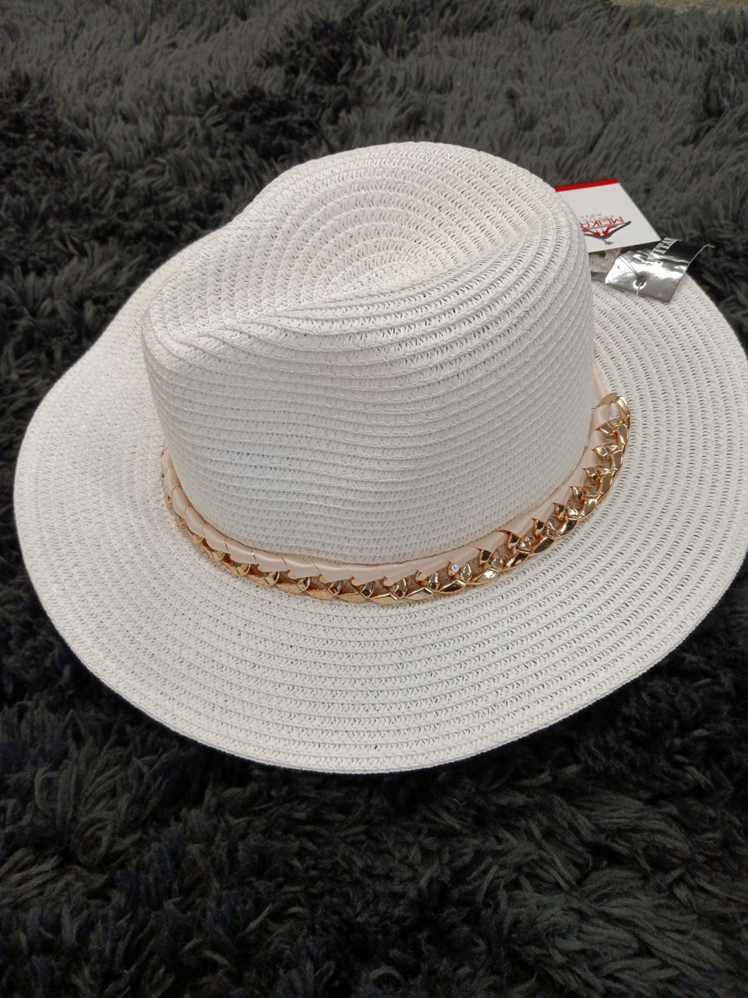 White Summer Fedora Hat W/ Chain & Ribbon W/ Adjustable strings