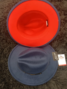 Navy Blue Fedora with red bottom adjustable strings inside Hat Sizes S-XL