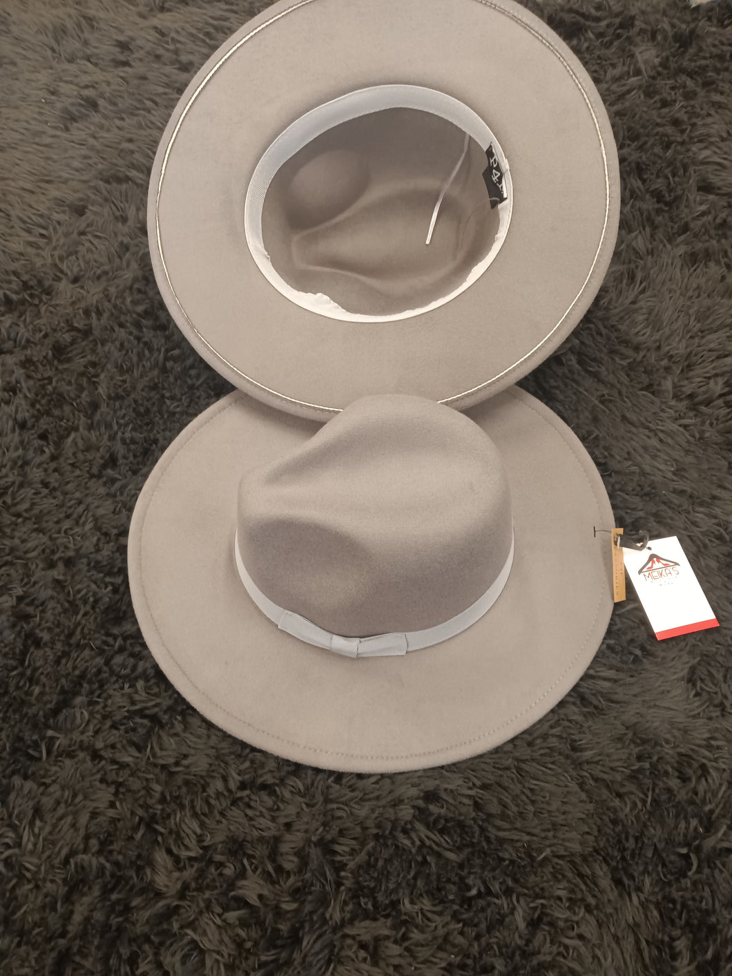 Gray Fedora Hat Solid Color Wide Brim Adjustable Strings inside Hat