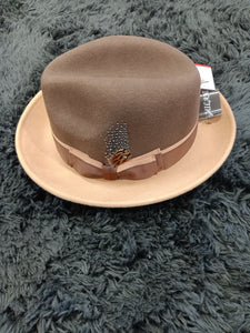 Brown & Tan Two-Tone Fedora Hat w/ Feather Available in Size L